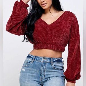 SPRING HAZE Burgundy Chenille Cropped Balloon Sleeve Sweater Top Size Small